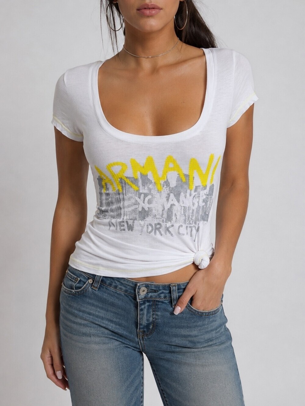 Armani Exchange Y2K Fitted Scoop Neck Graphic Tee NYC Spellout Top S